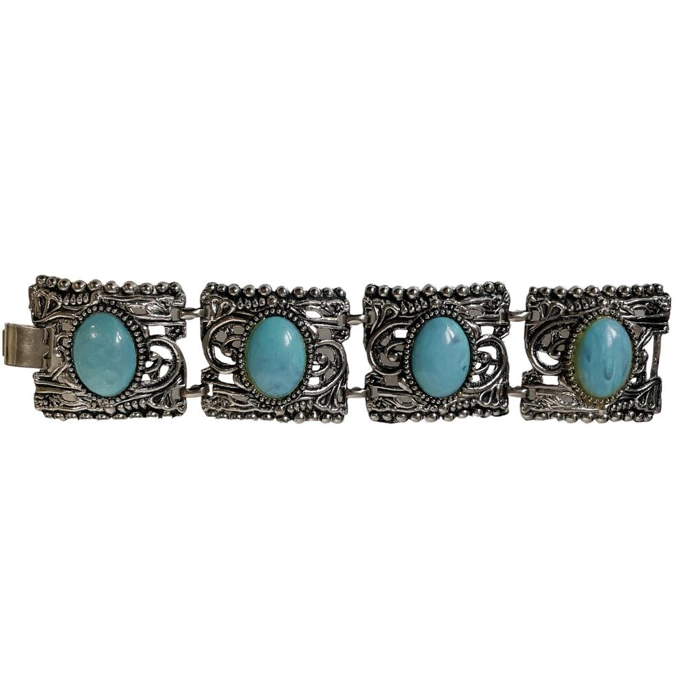 1980s Silvertone with Bezel Set Faux Turquiose Chunky Link Boho Hippie Bracelet
